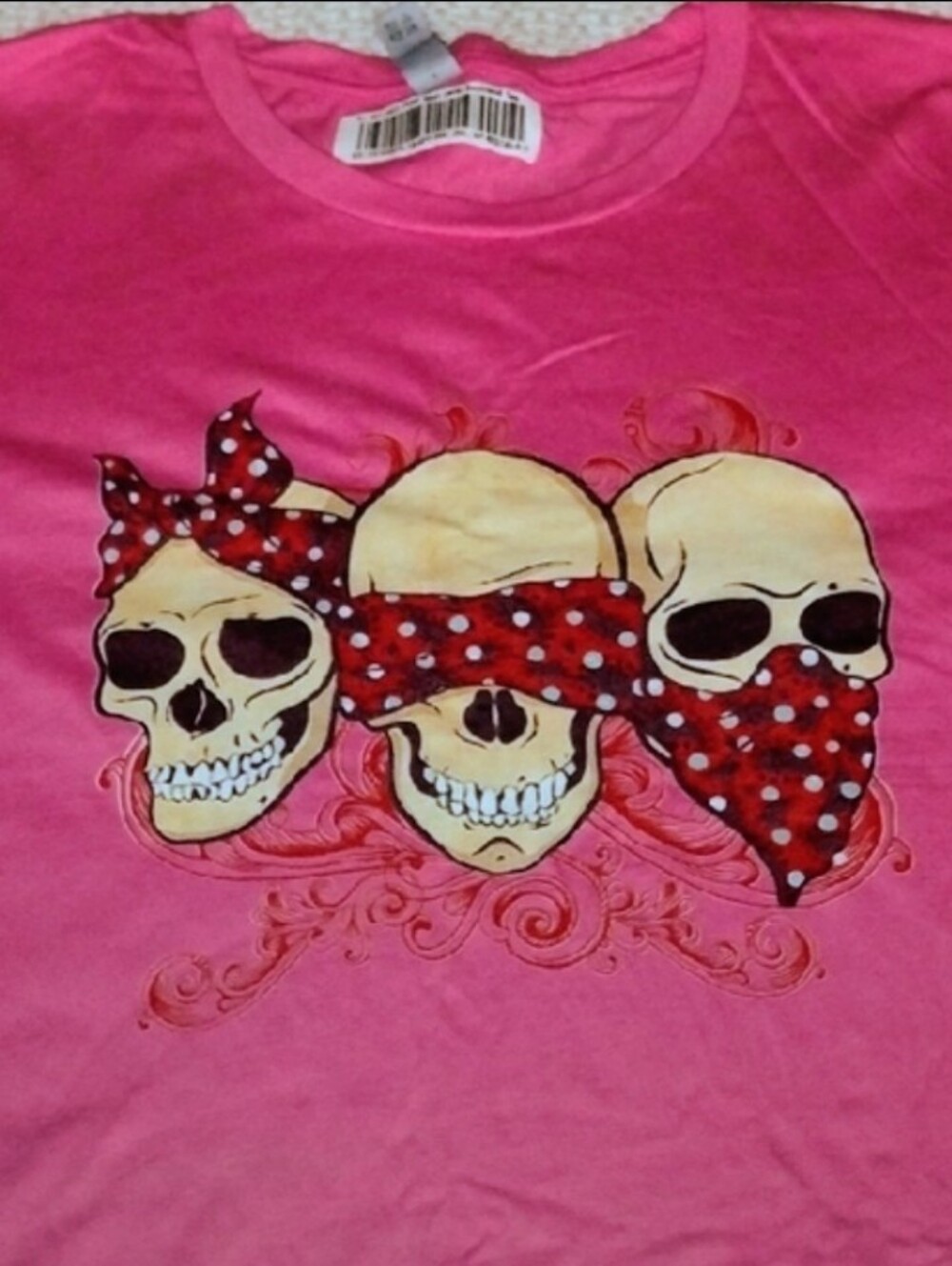 Next Level Apparel Pink Tee with Skull Trio and Red Polka Dot Bandanas